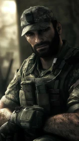 Photorealistic tactical portrait of a battle-hardened soldier.