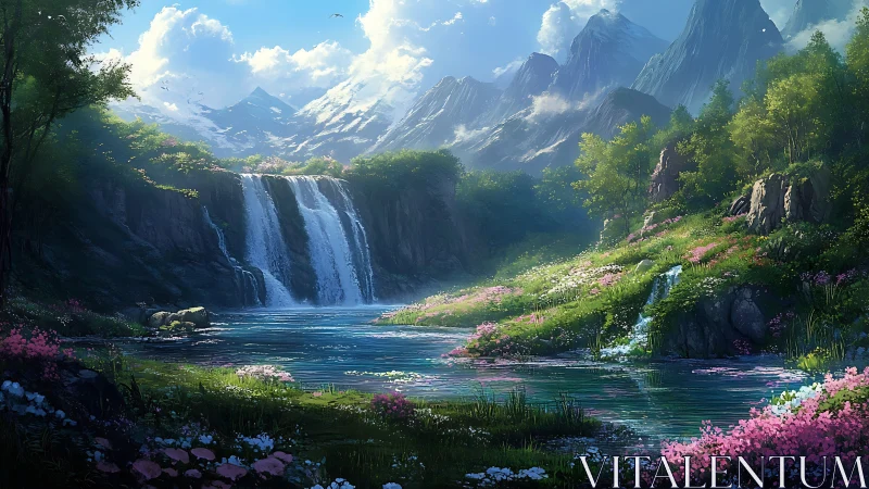 Digital painting of alpine waterfall valley with floral riverbank.