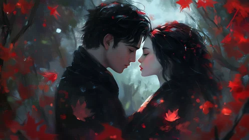 Two Souls Embrace in Crimson Light and Ethereal Mist