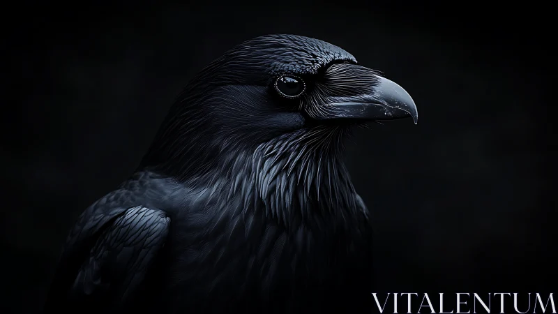 Raven portrait under low key lighting with glossy plumage.