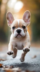 Playful French bulldog puppy leaps along a sunlit path