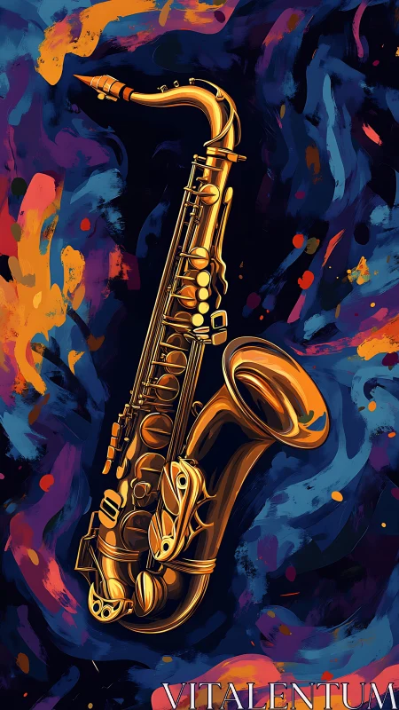 Golden saxophone glows against vibrant abstract night haze