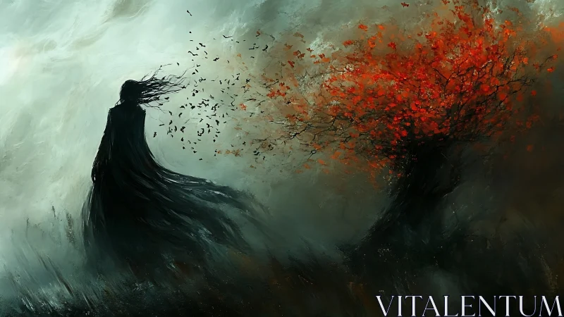 Shadowed figure confronts burning crimson tree in storm