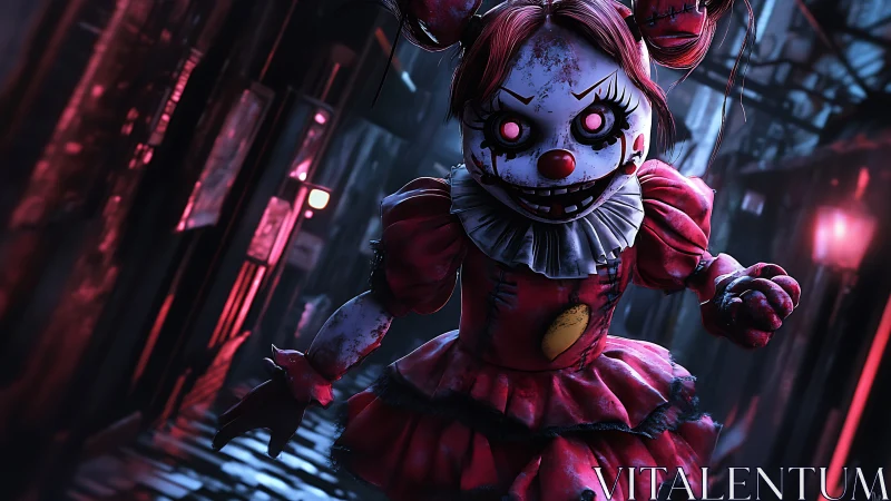Distressed clown doll figure in red dress on alleyway at night.