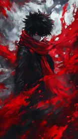 Dark haired figure in red scarf amid swirling red shapes.