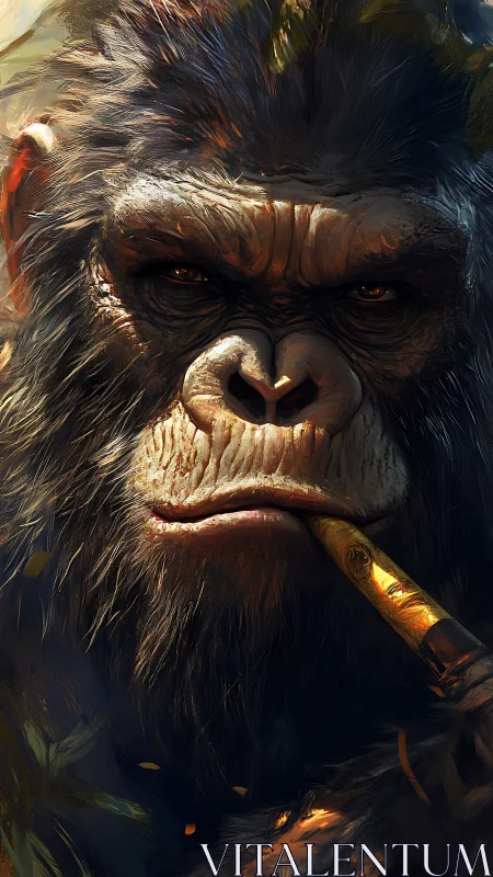 Stoic jungle warlord ape with ember-lit golden cigar.