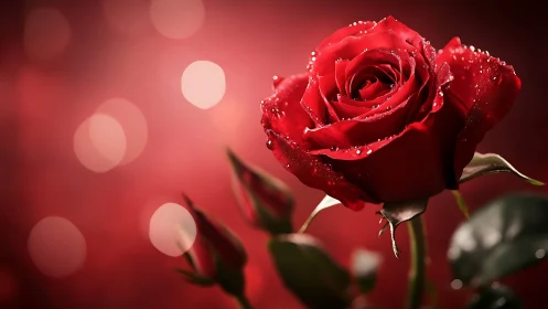 Crimson Romance: Dewdrops Dance on Velvet Petals.