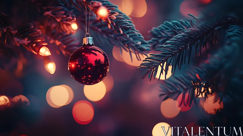 Macro red ornament on frosted fir with warm bokeh lights