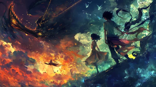 Two youths face vast sky beast above burning clouds.