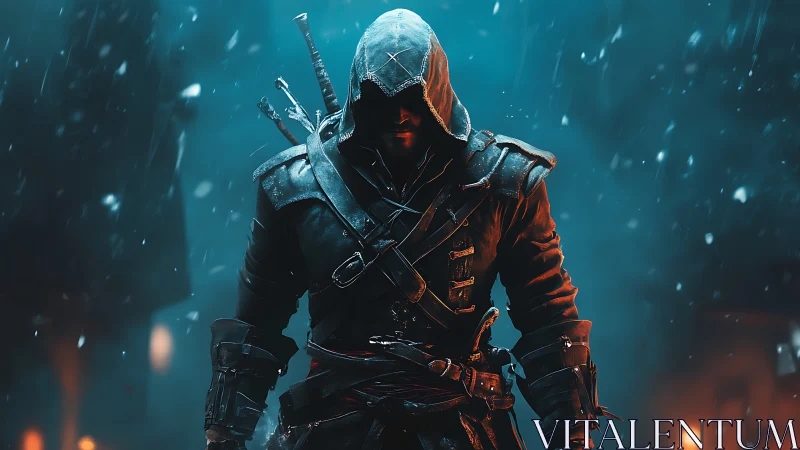 Hooded rogue stands in snowfall under cold cinematic lighting