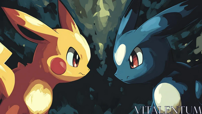 Twin elemental creatures facing off in stylized forest scene.