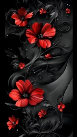 Red Flowers on Black Swirling Background Design.