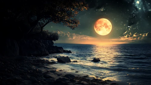 Luminous full moon over rocky shoreline with reflective surf.