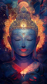 Digital painting of luminous Buddha portrait with ornate linework.