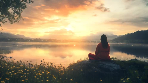 Solitary figure in red observes a luminous lakeside sunrise