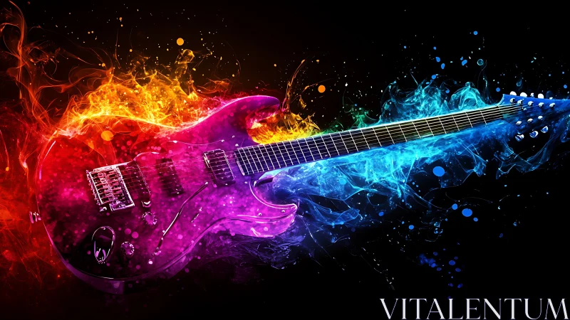 Electric guitar igniting vibrant fire and liquid light spectrum.