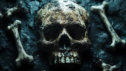 Weathered human skull and bones on dark textured ground.