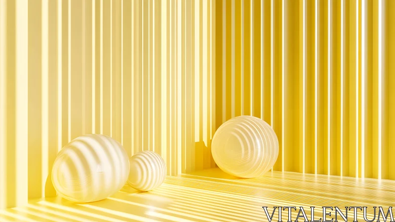 Yellow geometric room with striped translucent spheres.