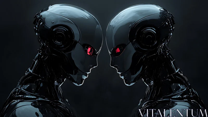 Two reflective humanoid robots face each other in profile