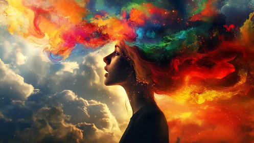 Profile portrait merges with turbulent multicolor nebular cloud field