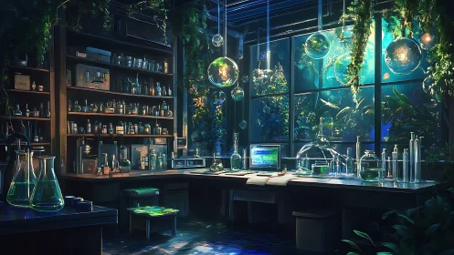 Bioluminescent rainforest laboratory with aquatic viewport.