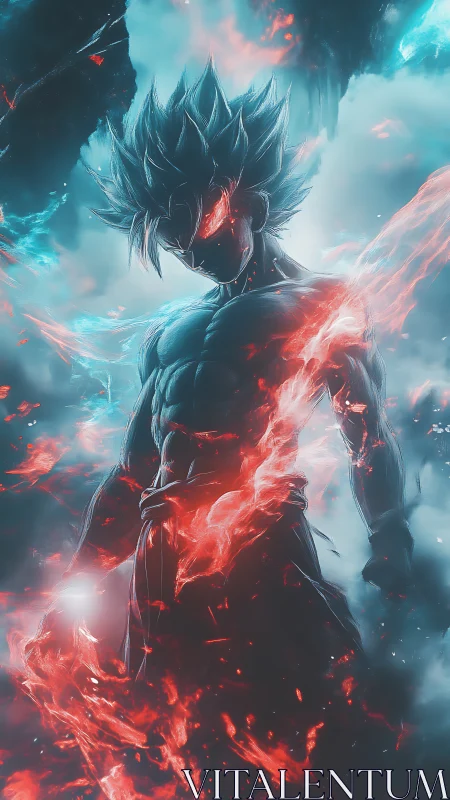 Energy-charged warrior stands amid split red blue aura