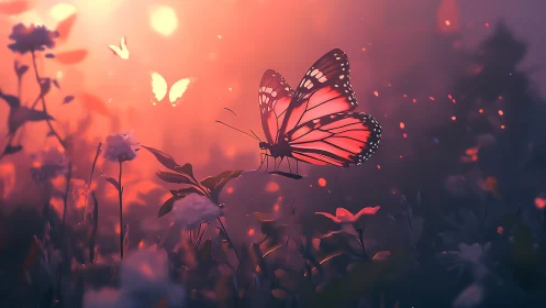 Butterfly resting in glowing dusk meadow light field.