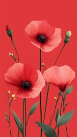 Red Anemone Blossoms with Closed Buds on Vibrant Crimson Ground