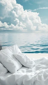 White bed overlooks calm ocean under towering clouds.
