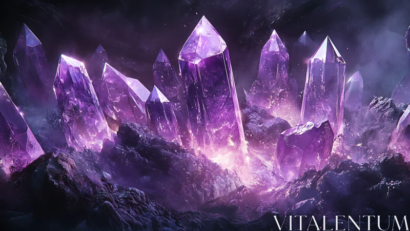 Purple crystal formations rise from rocky cavern floor