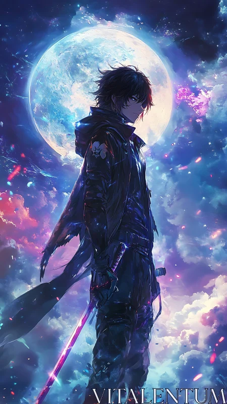 Lone anime swordsman under glowing full moon sky.