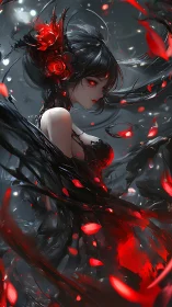 Dark robed female figure with red floral and petal accents.
