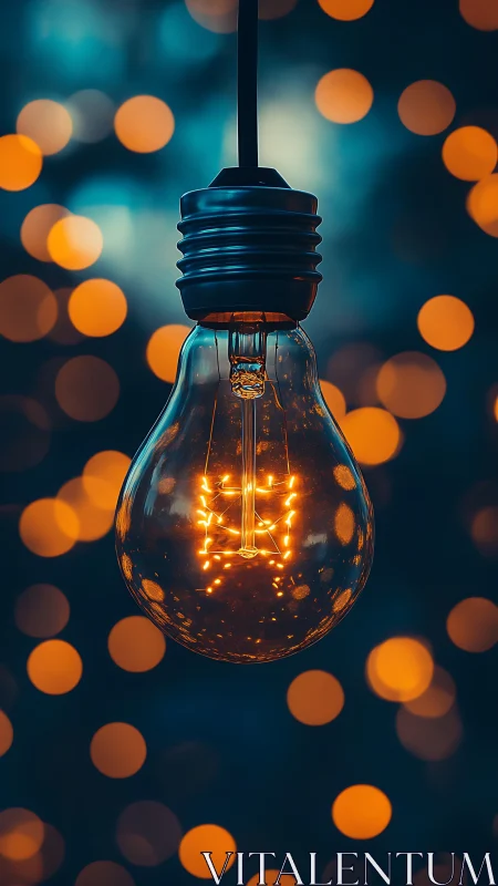 Dreamy filament bulb amid soft midnight bokeh constellations.
