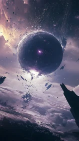 Massive dark sphere disintegrates in tilted alien sky
