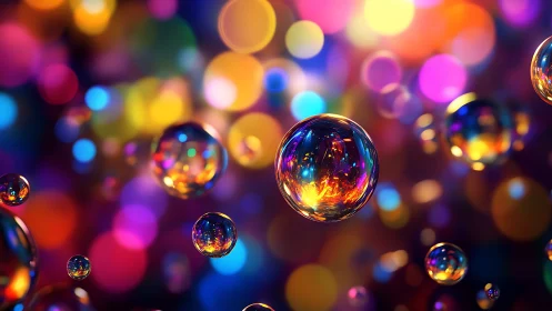 Multicolored translucent bubbles against blurred bokeh field.