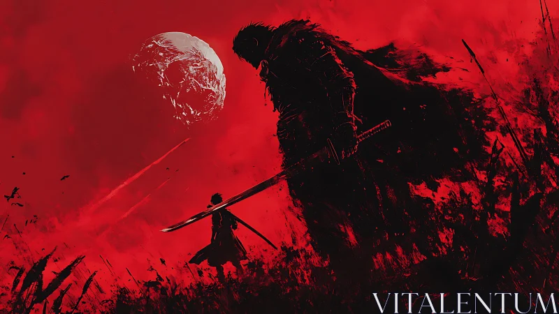 Silhouetted swordsmen confront under red sky and moon