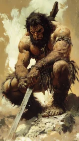 Brooding barbarian warrior kneeling with weathered sword.