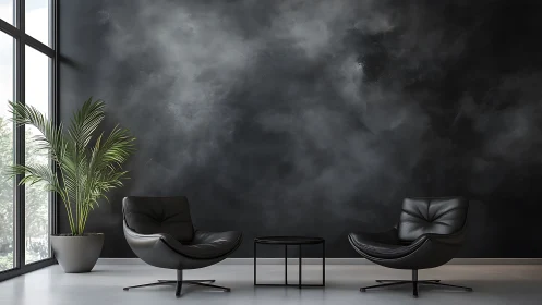 Minimalist lounge with black leather chairs and moody wall.