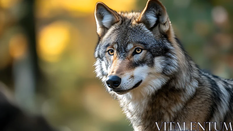 Golden forest wolf in gentle autumn afternoon light.