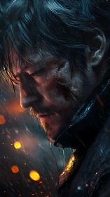 Rain-soaked wanderer stares into embers of a fading war.