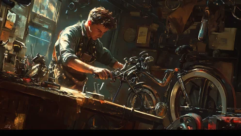 Focused mechanic repairing custom motorcycle in workshop