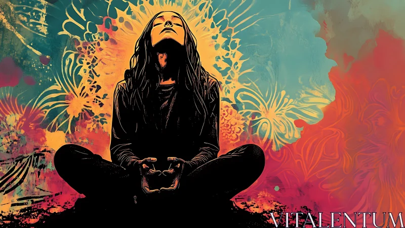 Meditative silhouette in psychedelic chromatic energy bloom.