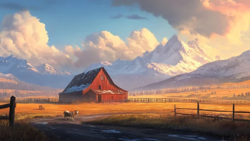 Red barn in open valley with distant snow covered peaks.