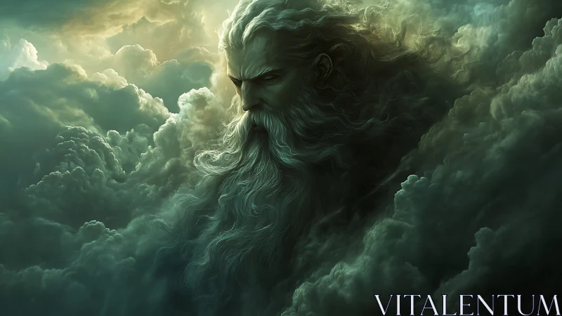 Elderly male visage integrated into dense storm clouds.