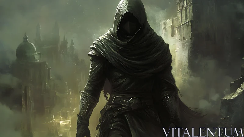 Hooded rogue advances through misted ruins in muted chiaroscuro