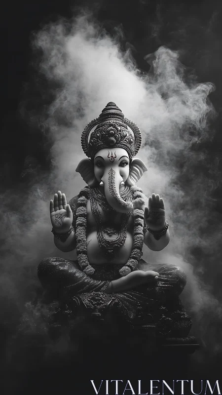 Monochrome Ganesh sculpture in volumetric smoke with high contrast