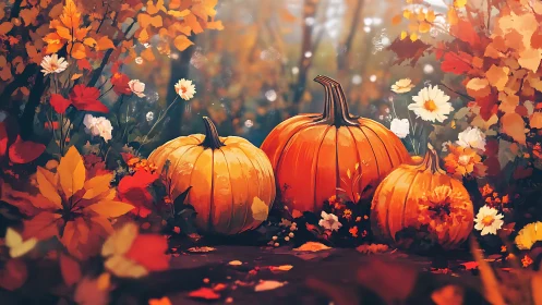 Triadic pumpkin cluster amid chromatic autumn flora.