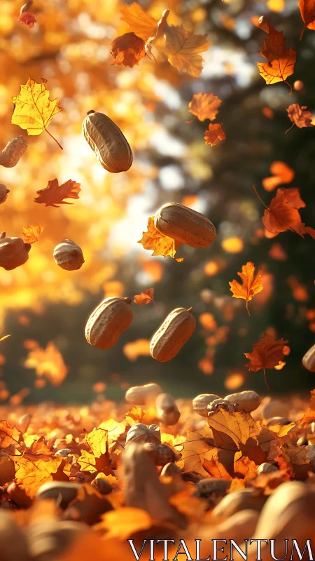 Macro depth-of-field peanuts and autumn foliage in warm light.