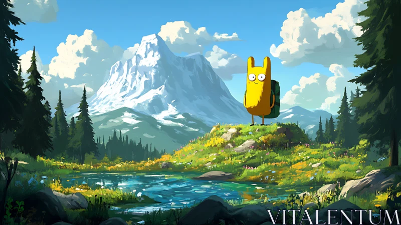 Cartoon figure stands in stylized alpine meadow before mountain