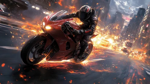 Motorcyclist on red sport bike in burning urban street scene.